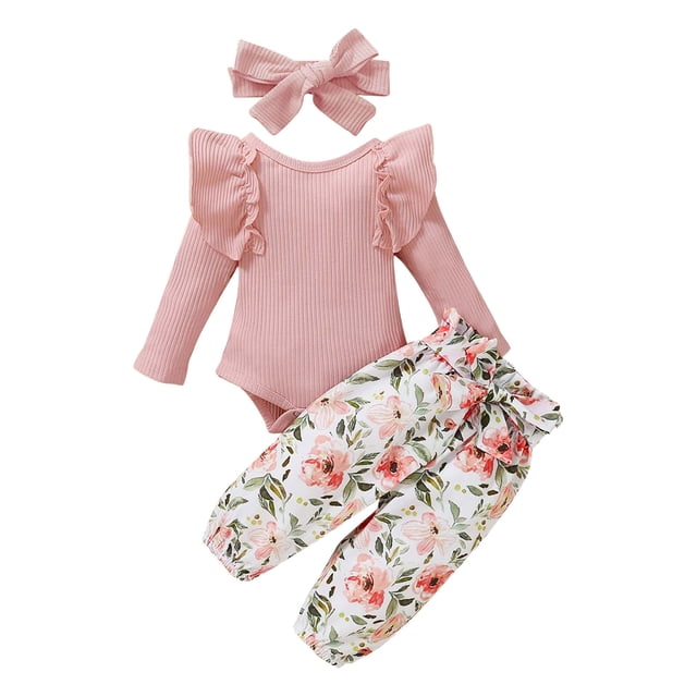 Penkiiy Preemie Newborn Baby Girls Clothes Ribbed Romper Bodysuit Pants Set Ruffle Spring Summer Outfits Pink for 12-18 Months