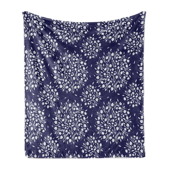 Navy and White Soft Flannel Fleece Throw Blanket, Scroll Pattern with Little Rural Wildflowers and Buds Feminine Corsage, Cozy Plush for Indoor and Outdoor Use, 60" x 80", Indigo White, by Ambesonne