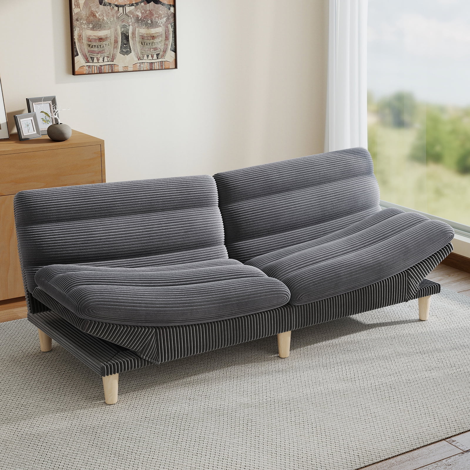 Ebello Convertible Futon Sofa Bed, Fabric with 3-Position Reclining Backrest and Adjustable Armrests for Living Room Apartment Office, Gray