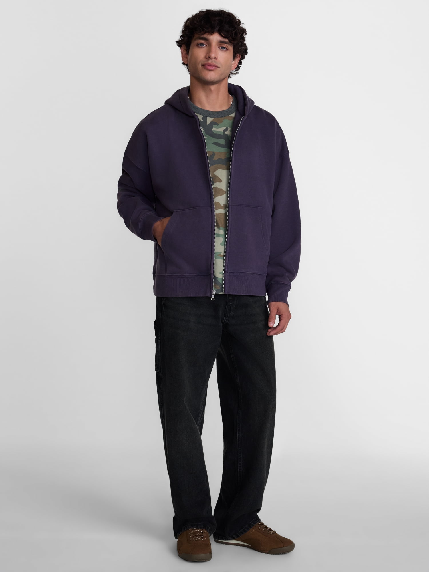 No Boundaries Boxy Fit Heavyweight Fleece Full Zip Hoodie Sweatshirt, Men's Sizes XS-3XL