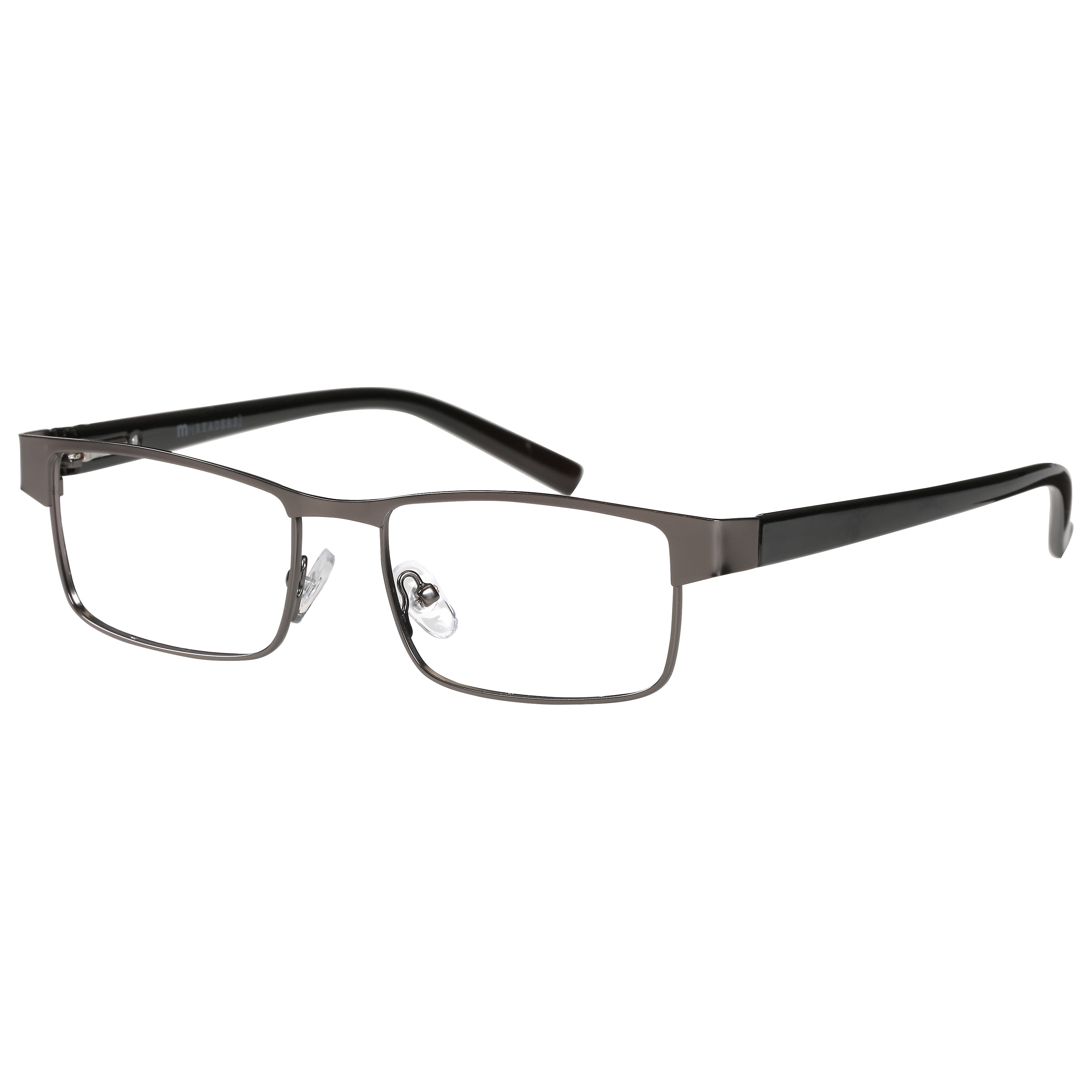 (2 pack) M+ Mens Rectangular Flat Metal Reading Glasses Gun 2.00 Birch in Gunmetal with Classic Black Temples