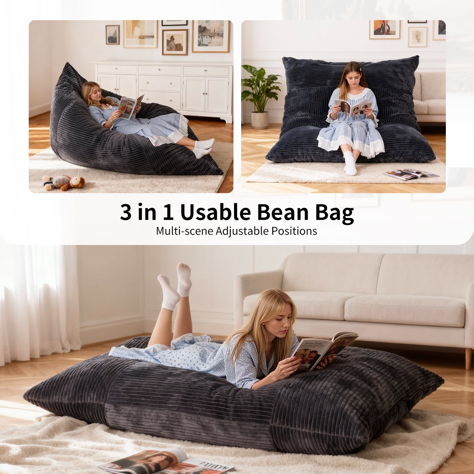 Nalone 4-in-1 Large Bean Bag Chair for Kids Adults - 6.4 FT Memory Foam Filled Convertible Lounger, Giant Children Furniture with Removable Washable Cover for Bedroom, Living Room, Office (Gray)