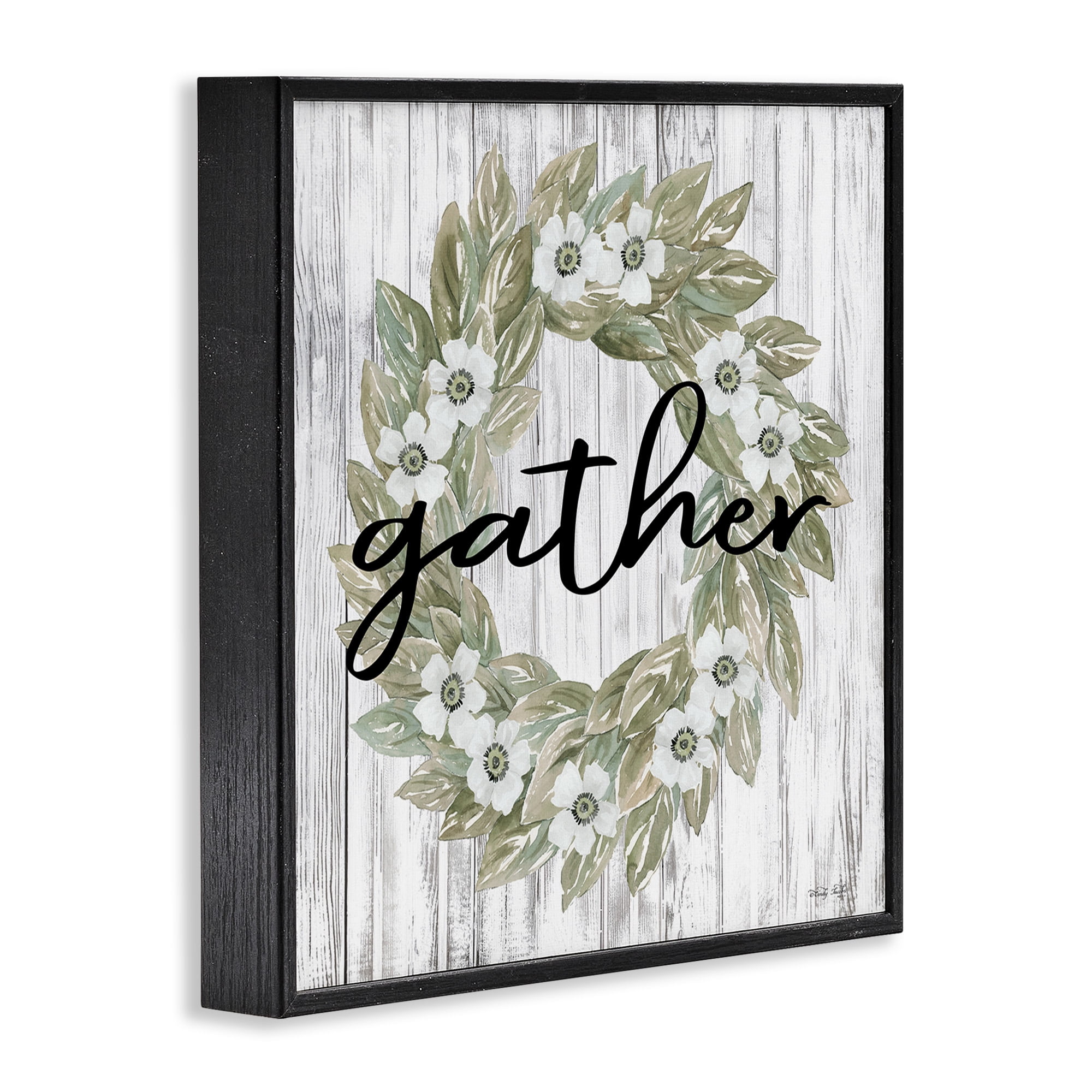 Stupell Industries Gather Greenery Wreath Typography Painting Black Framed Art Print Wall Art, 17 x 17