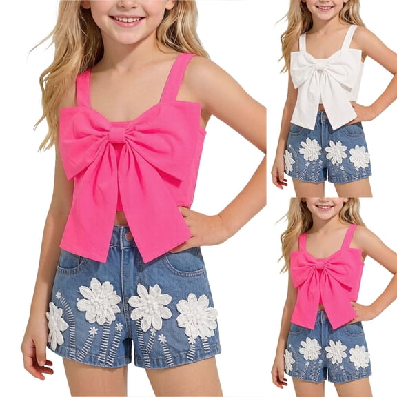 WAVSUF Girls Outfits, Bowknot Tank Tops and Floral Denim Shorts Summer Casual Trendy Sets 2 Piece Hot Pink 4