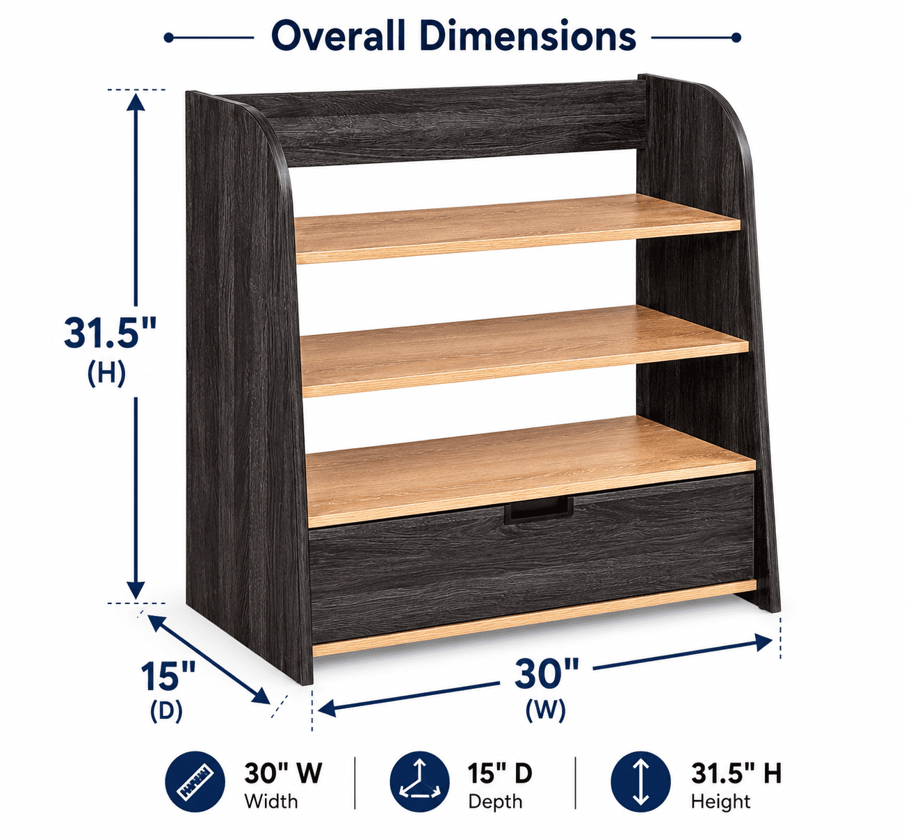 OSHome Modular Storage Bookshelf with 3 Shelves and Drawer – Black Woodgrain Laminate