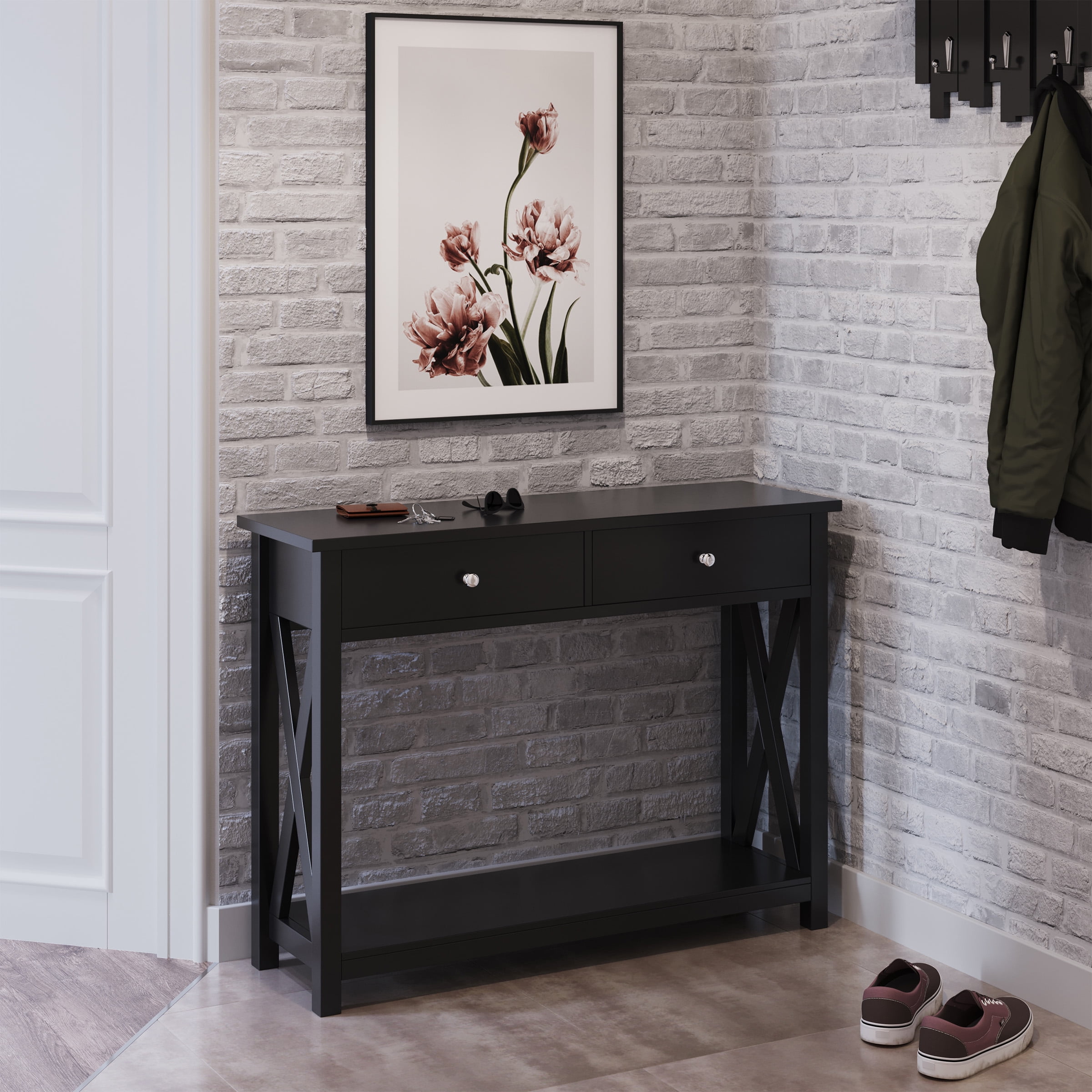 Lavish Home Console 2-Tier Entryway Table with Two Drawers, Storage Shelf, and X-Braced Legs, Black