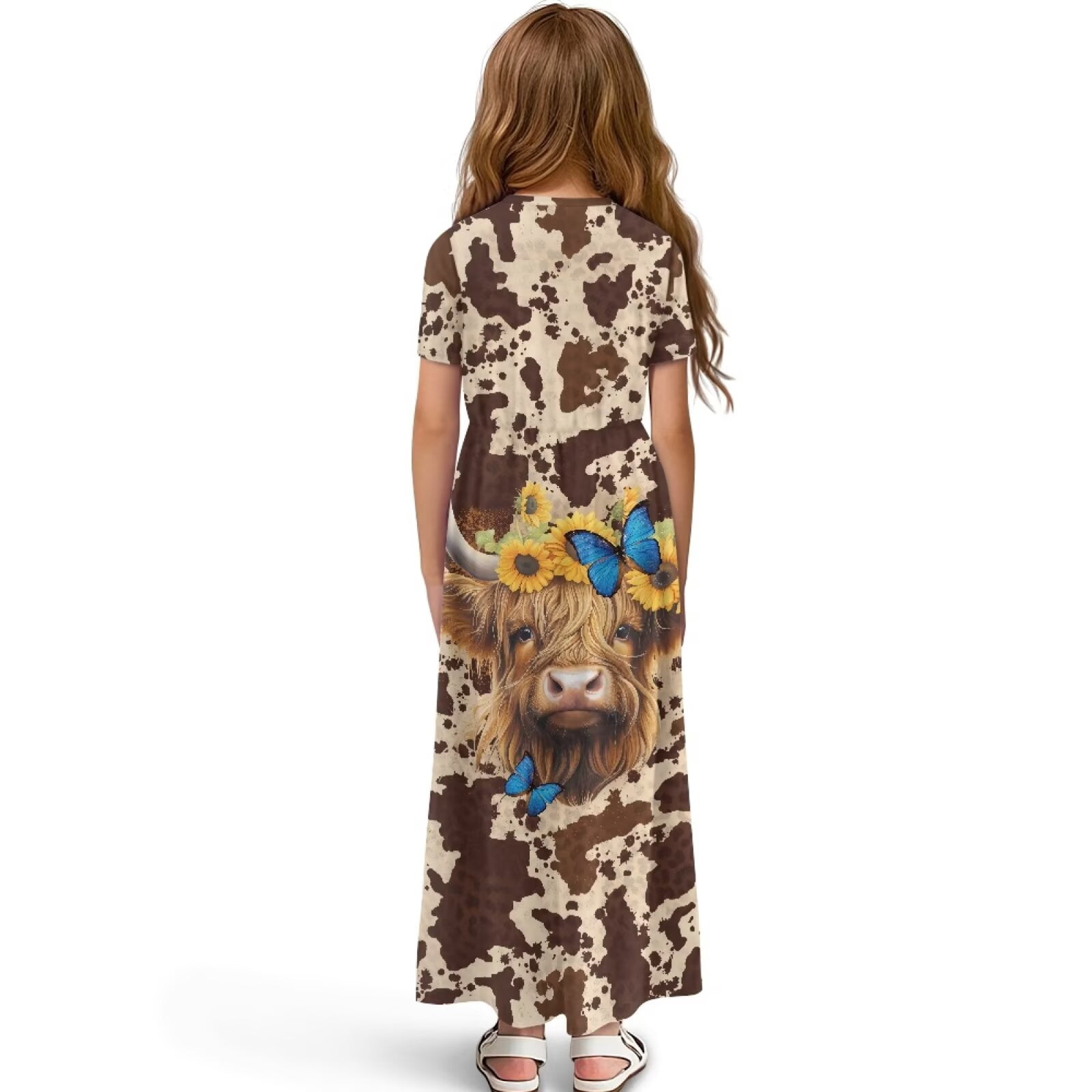 Uourmeti Brown Highland Cow Print Girls Summer Short Sleeve Dress Crew Neck Loose Casual Flowy Tiered Maxi Dress with Pockets Cute Clothes, Size 13-14 Years