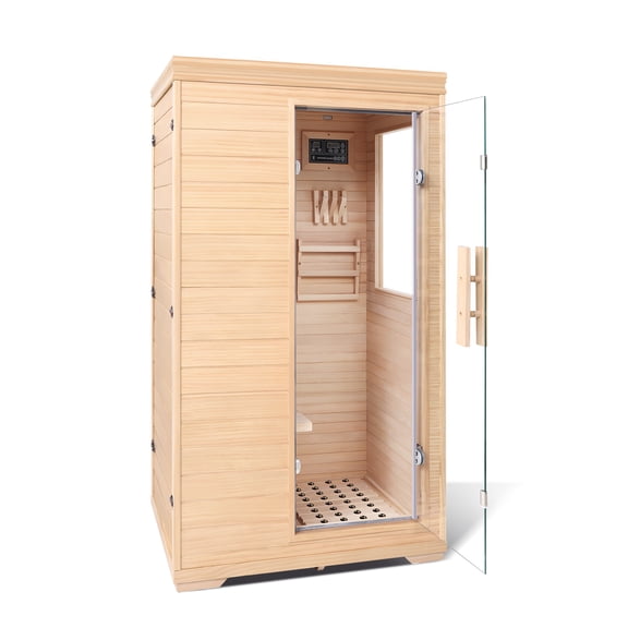 English: Single Person Home Far Infrared Wooden Sauna - 110V/1050W Energy-Efficient Carbon Fiber Heating, Premium Natural Wood with Digital Controller & Built-in Speakers
