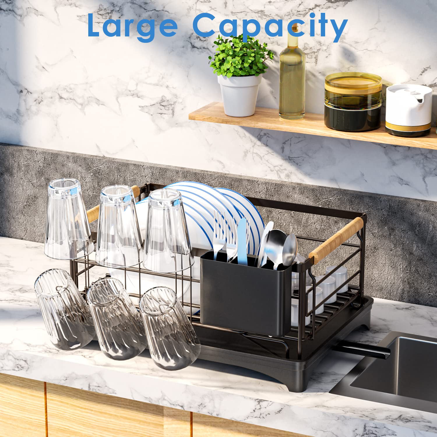 Dish Drying Rack, Dish Rack for Kitchen Counter, Rust-Proof Dish Drainer  with Drying Board and Utensil Holder for Kitchen Counter Cabinet,  16.6\u201d