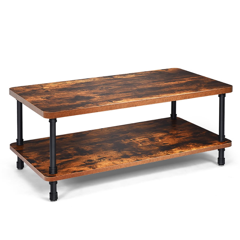 Finihen Rectangular Coffee Table, Industrial Vintage Coffee Table with 2-Tier Storage Shelf, for Living Room, Reception Room, Office, Brown Finihen Rectangular Coffee Table, Industrial Vintage Coffee Table with 2-Tier Storage Shelf, for Living Room, Reception Room, Office, Brown