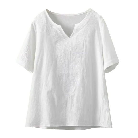 MIUOWANP Ladies' Fashion Loose Tops Embroidered Cotton and Linen V-neck Short-sleeved Blouse on Sale White L