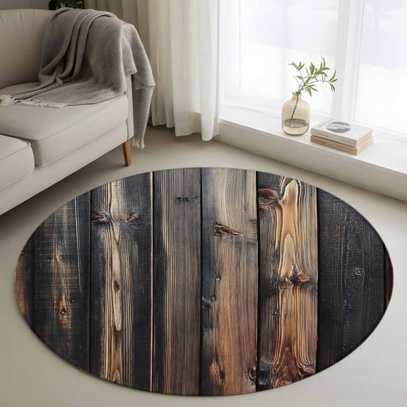 Black Brown Plank Round Area Rug 4 FT, Non Slip Indoor Outdoor Rug, Vintage Chic Wooden Grain Washable Soft Circular Carpet Non-Shedding Floor Mat for Coffee Table Nursery Foyer Balcony