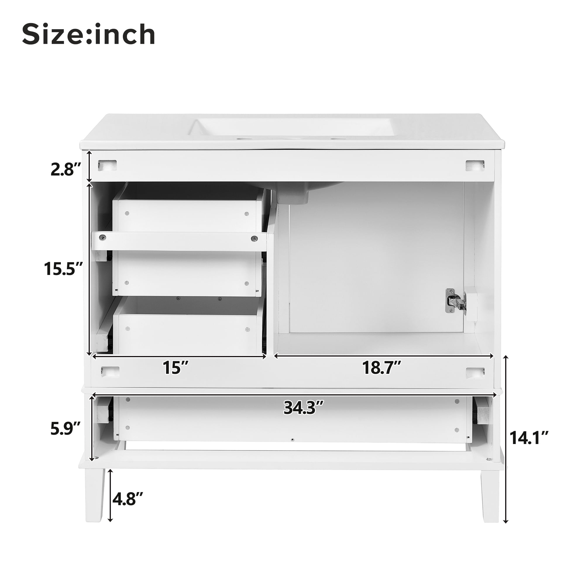 Euroco 36" White Bathroom Vanity with Solid Pine Frame, 1 Soft Close Door and 3 Drawers , Modern Storage Cabinet