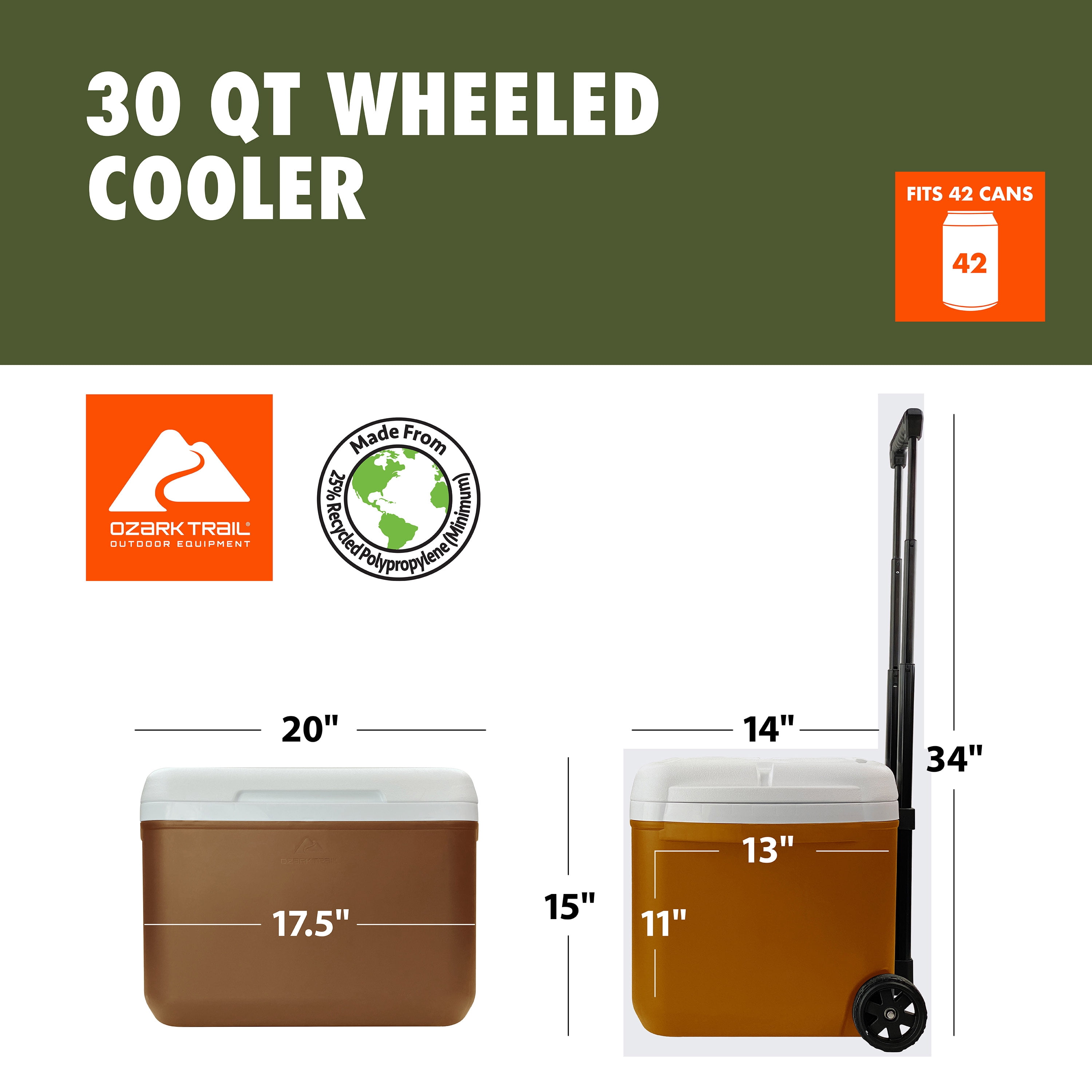 Ozark Trail 30 Quart Capacity Hard Side Wheeled Cooler, 42-Can, Burnt Orange