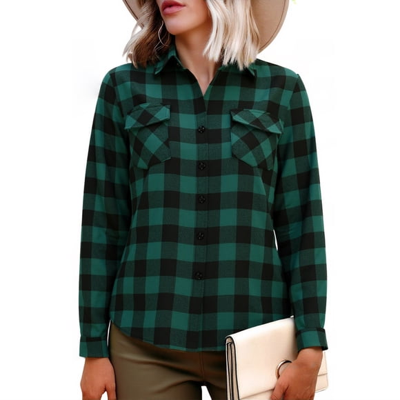 UPPADA Women's Fall Fashion Clothes Plaid Shacket Jacket Long Sleeve Button Down Flannel Shirts Long Jacket,Green Flannel Women,M