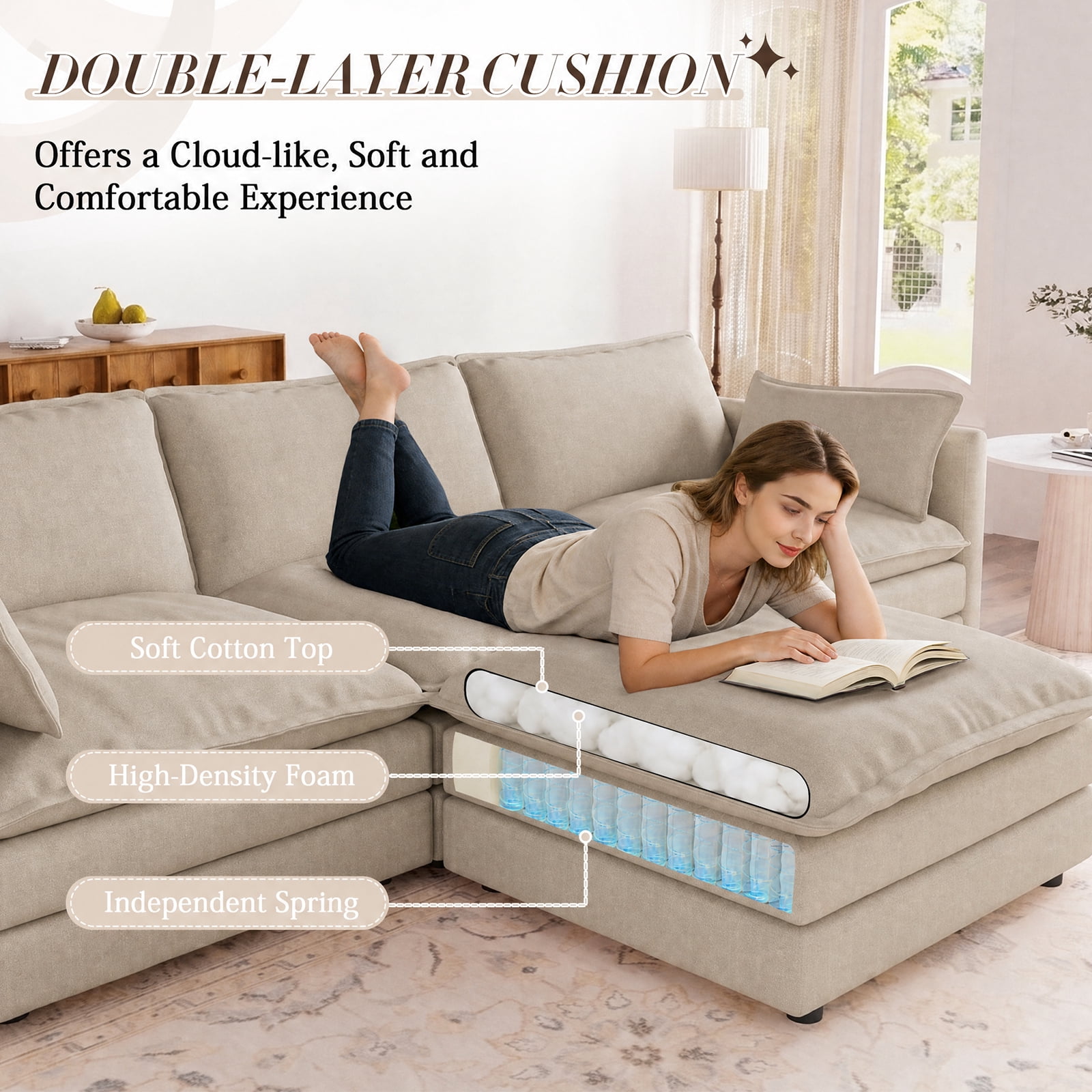 Muumblus 110" Oversized Modular Sectional Sofa with 2 Movable Ottoman, U Shaped Deep Seat Cloud Couch for Living Room, Camel Chenille