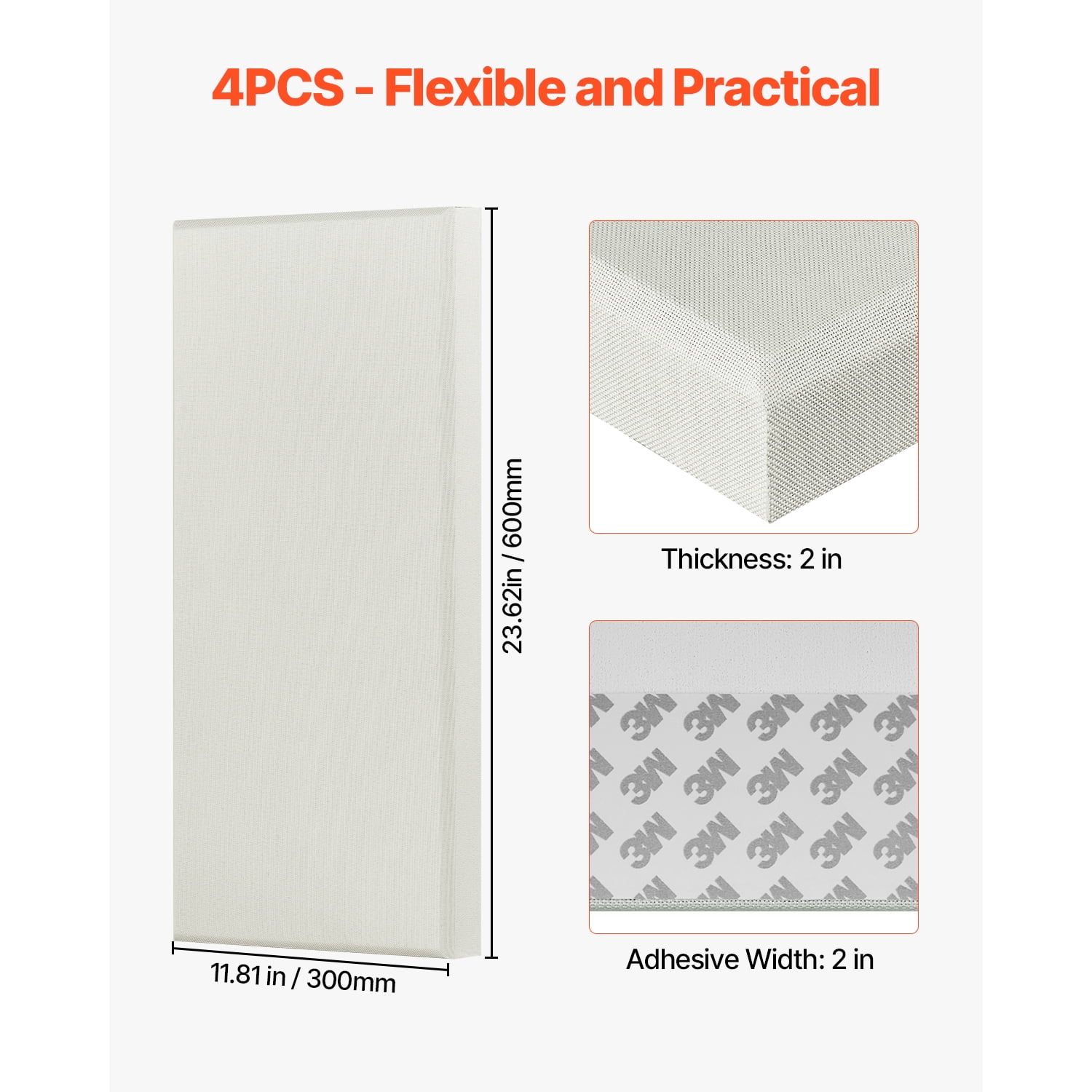 KFFKFF Quartet of Acoustic Panels, Fiberglass Sound Dampening Panels of 2 inch Thickness, 23.6 x 11.8 inch Dimensions, Self-stick Noise Reduction Wall Boards, Suitable for Studios, Office, Home