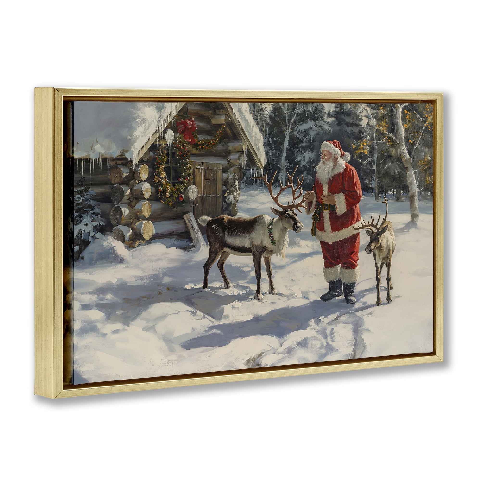 Stupell Industries Santa & Reindeer Scene Holiday Painting Gold Floater Framed Canvas Art Prints Wall Art, 31 x 21