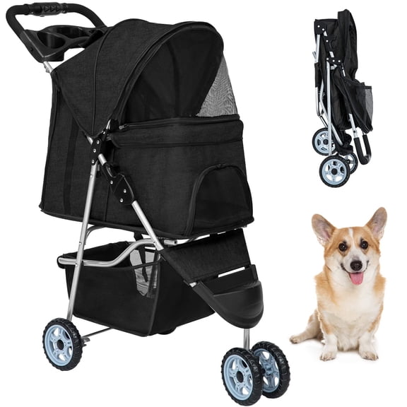 BestPet Folding 3-Wheel Dog/Cat Stroller, Black with Cup Holder, Stainless Steel Frame & Linen Cover