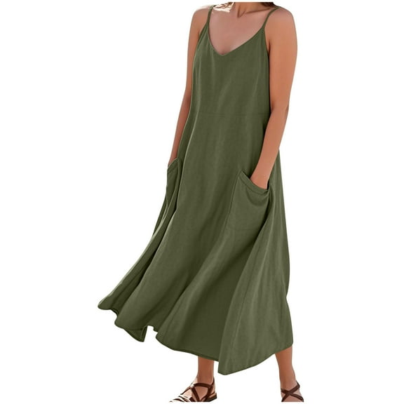 Diufon Linen Dresses for Women Summer Casual Loose Sleeveless Dress Solid Color Long Maxi Dress with Pockets