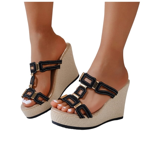 Rokment Ladies Wedge Heeled Dressy Slippers Sandals Stylish Casual Hollow out Open Toe Platform Ultra Chunky High Heels Dress Pumps Formal Slip on Slides Summer Shoes for Woman Black Size 6.5
