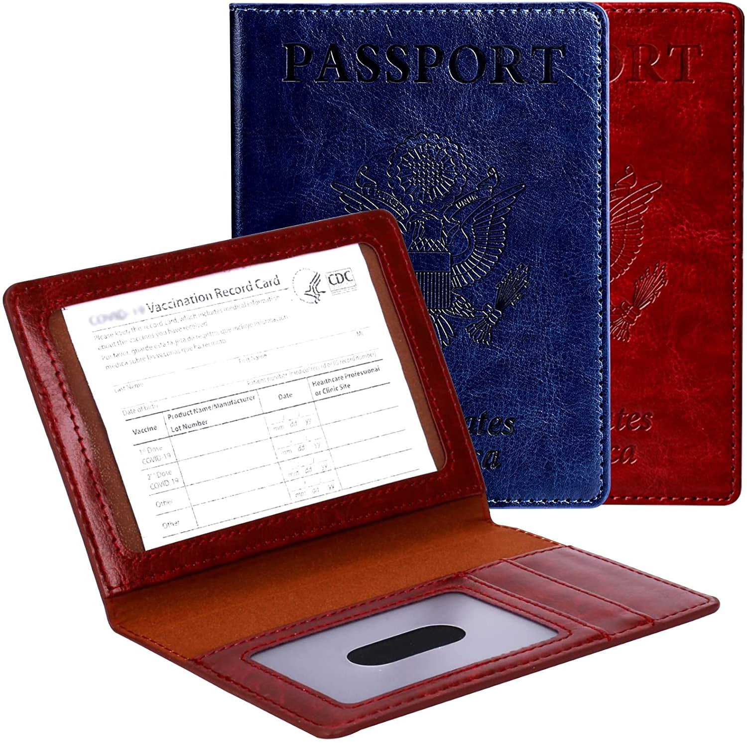 Dark blue Wine red 2 Pack Passport and Vaccine Card Holder Combo PU Leather Passport Holder with Vaccine Card Slot Passport Cover for Women Men 
