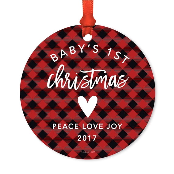 Family Metal Christmas Ornament, Baby's 1st Christmas 2017, Red Plaid, Includes Ribbon and Gift Bag
