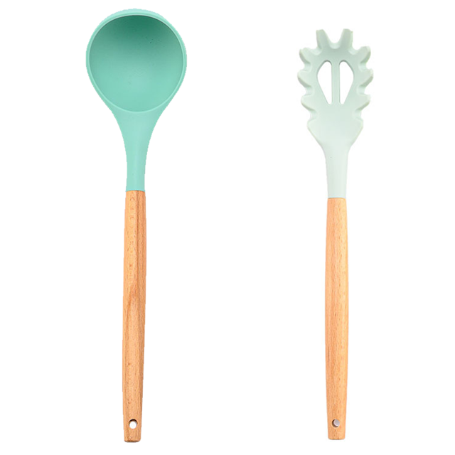 Juego de utensilios de cocina, 2 utensilios de cocina de madera y silicona, utensilios de cocina antiadherentes y resistentes al calor