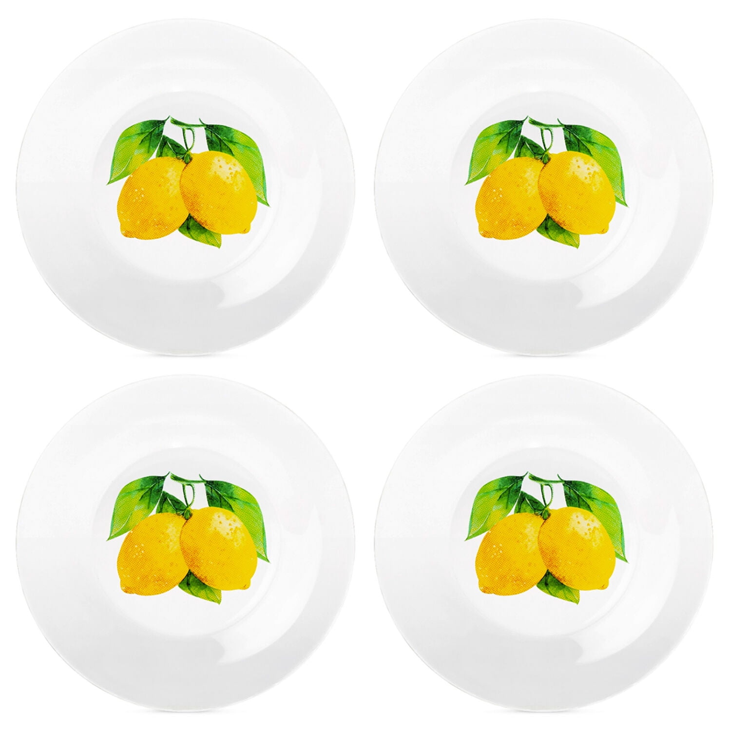 Lemons Glass Dinner Plates Set 4 Pcs. 9.8" Glass Porcelain Serving Plate for Salad, Clear and Yellow