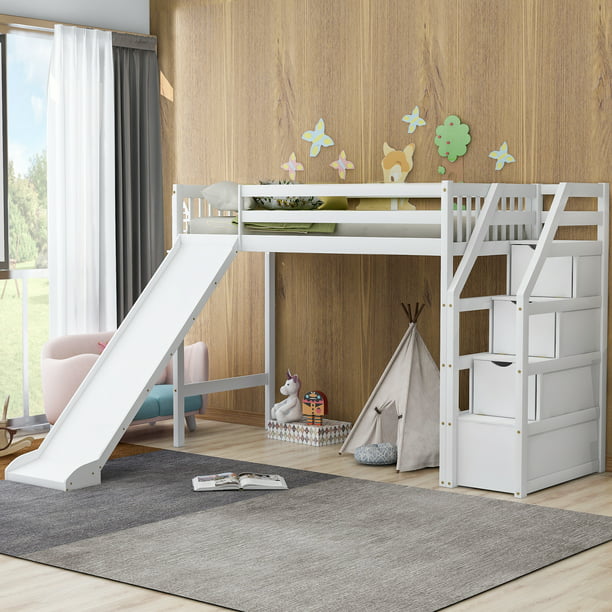 Euroco Wood Twin Size Loft Bed With, Twin Bed With Slide And Storage