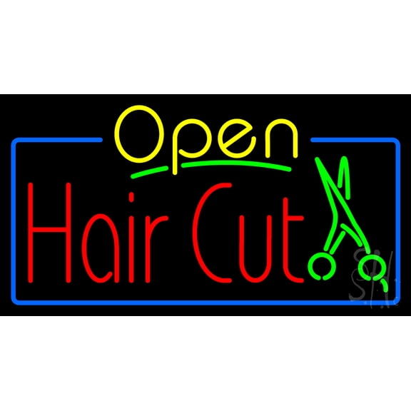 Open Hair Cut with Scissor LED Neon Sign 13 x 24 - inches, Black Square Cut Acrylic Backing, with Dimmer - Bright and Premium built indoor LED Neon Sign for Defence Force.