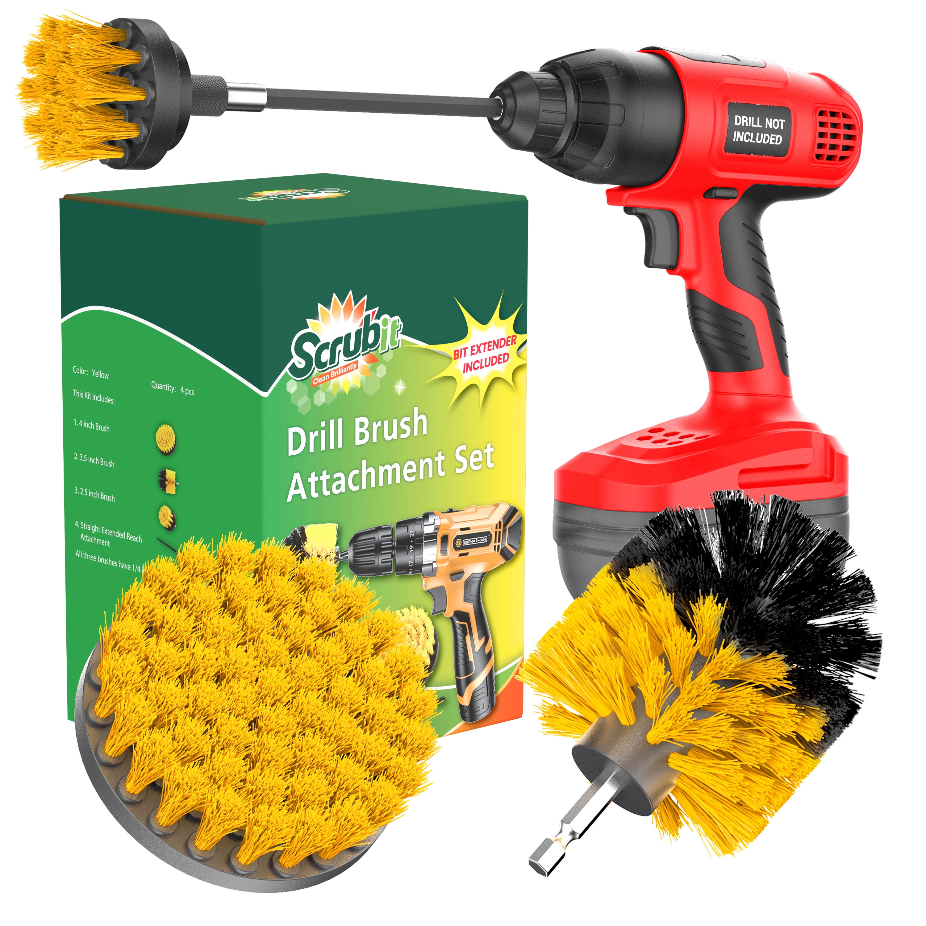 SCRUBIT Drill Brush Attachment Set - Power Scrubber Tile and Grout Tool - Use for Kitchen, Shower, Bathtub and Floor Surface - All Purpose Household Cleaning Kit Includes 3 Brushes with A Bit Extender