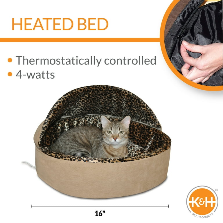 K H Pet Products Thermo Kitty Bed Deluxe Indoor Heated Cat Bed Tan Leopard Small 16 Inches