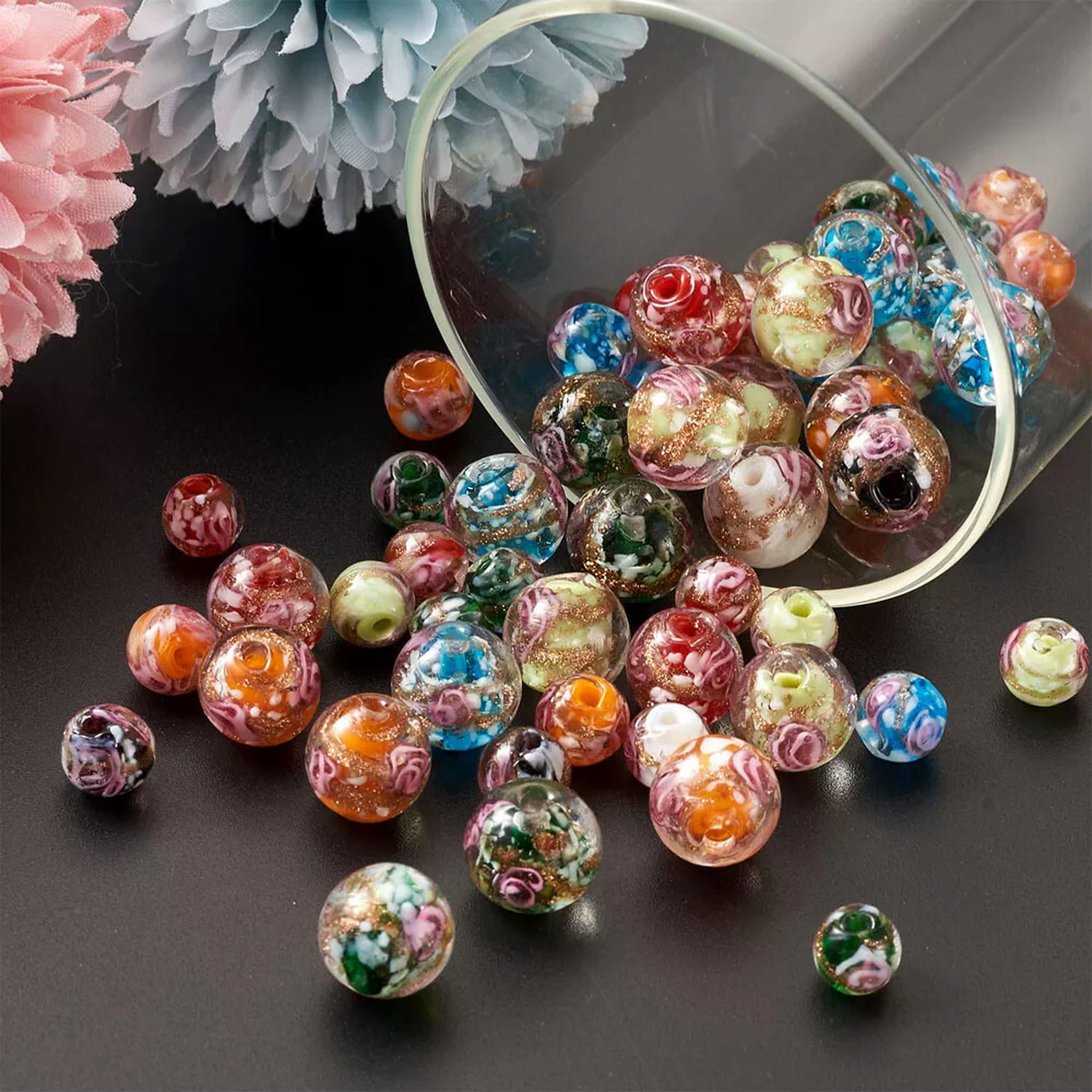 EOEMY 70Pcs Round Handmade Gold Sand Lampwork Beads Inner Flower Loose Spacer 8~12.5mm