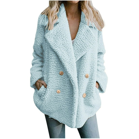 GuangCheng Coats for Women Comfortable Warm Solid Color Lapel Double Breasted Loose Fit Lamb Sweaters Jackets