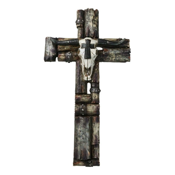 Rustic Western Longhorn Cow Skull On Faux Wood Barnyard Planks Wall Cross