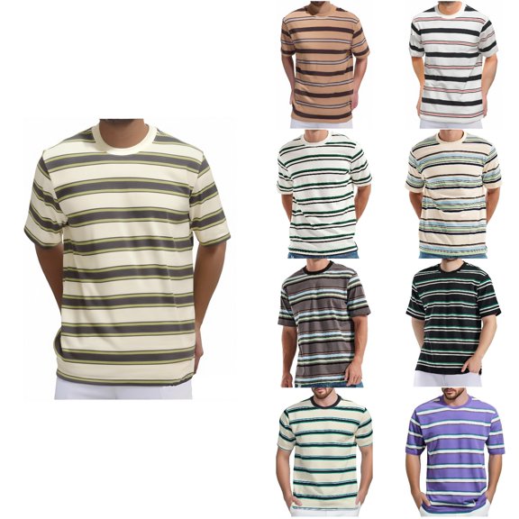 Antinious Men Stripe Print Short Sleeve Collared Summer Vintage Lightweight Casual Tops