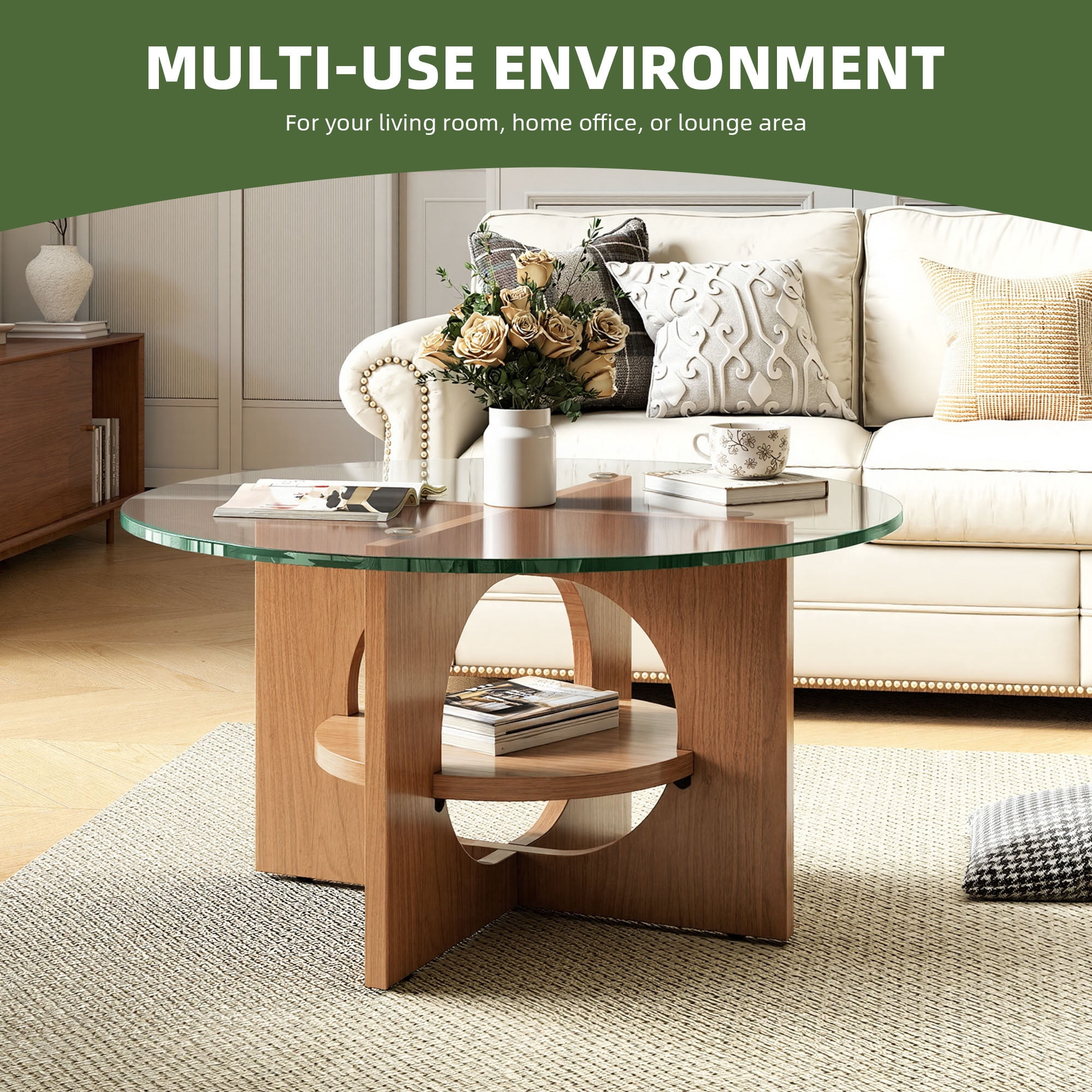 Uforic Round Coffee Table, 2-Tier Tempered Glass Coffee Table with Storage Shelf, Modern Multi-Purpose Center Cocktail Table for Living Room, Office, Walnut Finish