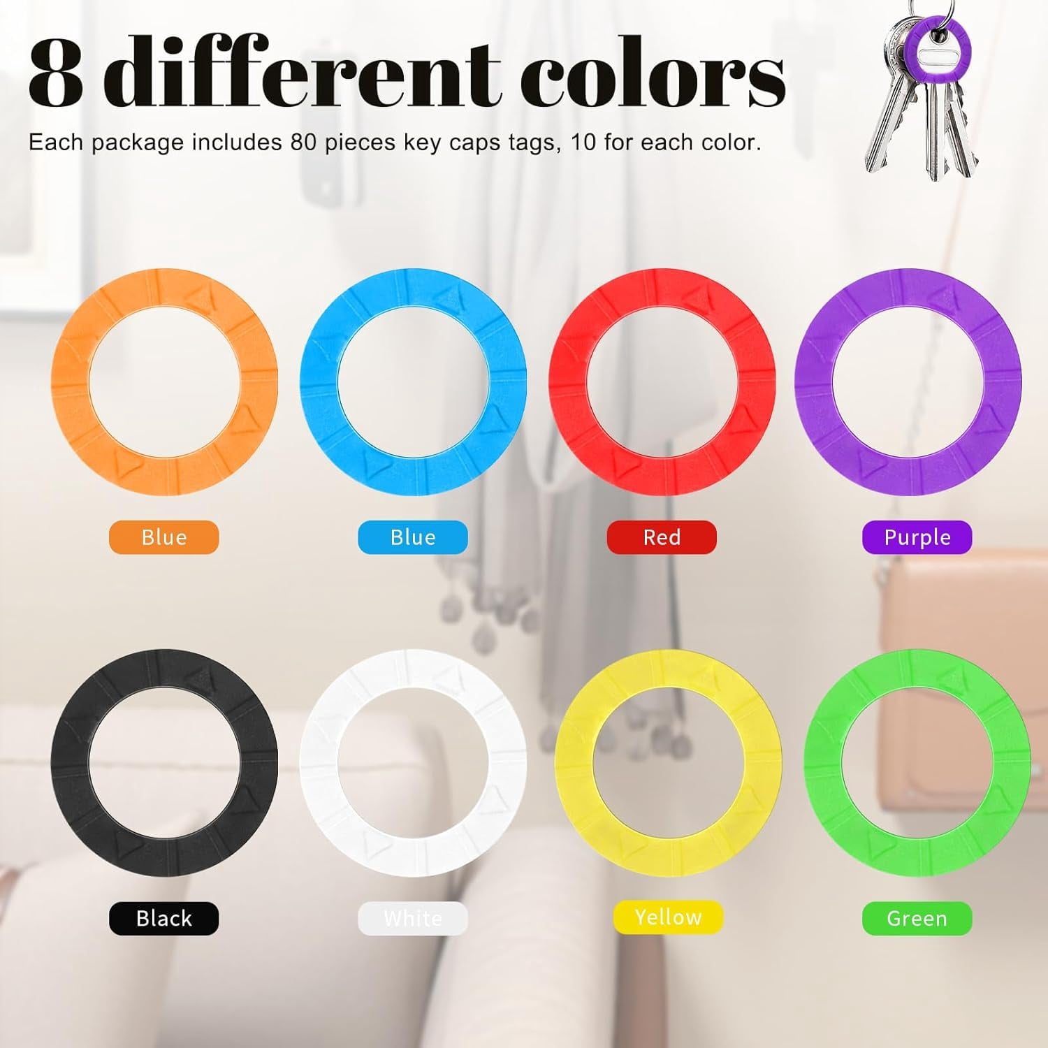 80pcs Key Caps Tags, Plastic Key Identifier Rings, Key ID Rings, Upgraded Material Strong Toughness in 8 Colors