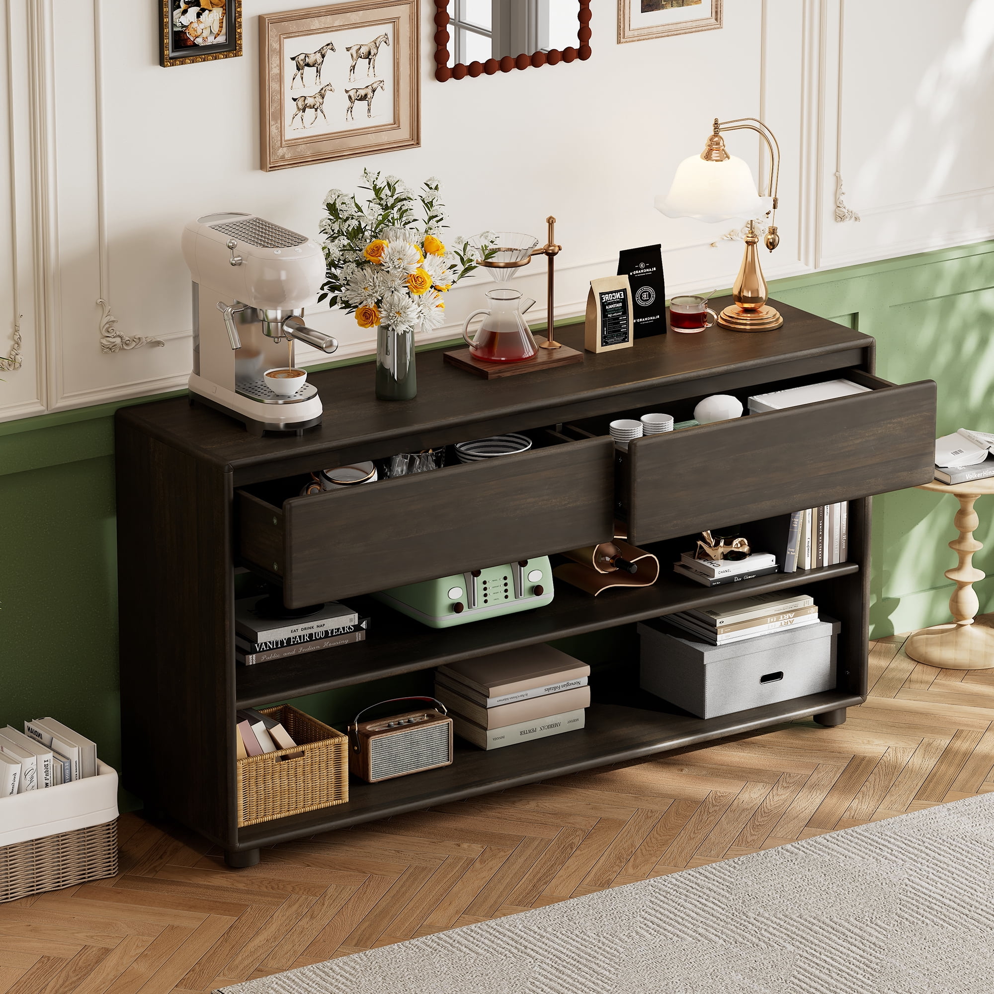 EUROCO 58.3" Long Console Table,Vintage Wood Entryway Table with 2 Drawers and Open Storage Shelves,3-Tier Sofa Table for Entryway,Hallway, Living Room,Espresso