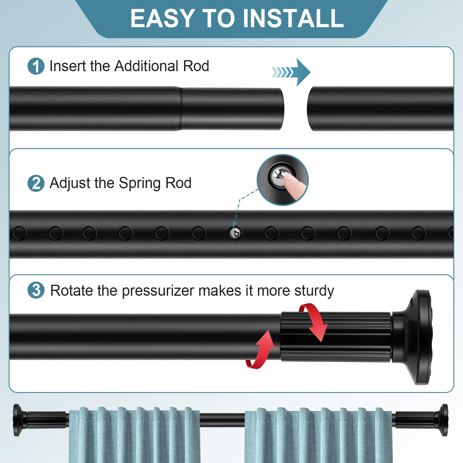 VEGCOO Tension Curtain Rod 51-148 In(4.25-12.33 ft), Rod Rust-free No Drilling Shower Curtain Rod, Outdoor Curtain Rods for Patio for Window Room Divider Closet Rod Adjustable Black