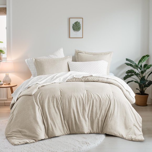 Regency Heights 7-Piece Full Bed in a Bag Set, Reversible Comforter with Sheet Set and Shams, Neutral, Solid Color