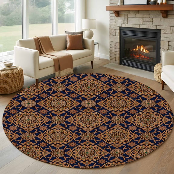 Round Rugs 5Ft, Dark Brown Round Area Rug Washable Indoor Throw Carpet, Vintage Abstract Flowers Pattern Soft Non Slip Circle Rug for Cabinet Bathroom Home Decor Aesthetic