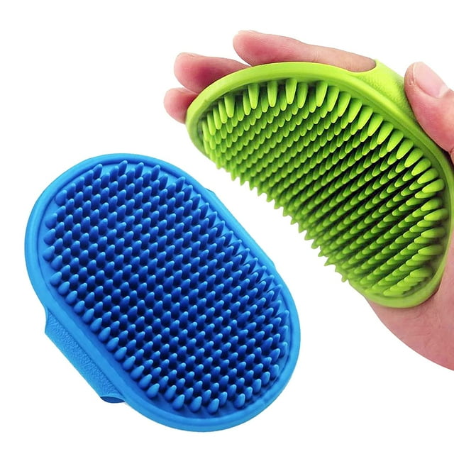 Cepillo de baño con champú para mascotas, peine de goma para masaje relajante con mango de bucle ajustable para el cuidado de perros y gatos de pelo corto y largo, 2 piezas