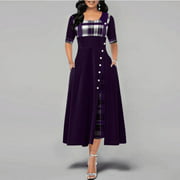 Women Vintage Casual Plaid Print Button Fashion Half Sleeve Dresses