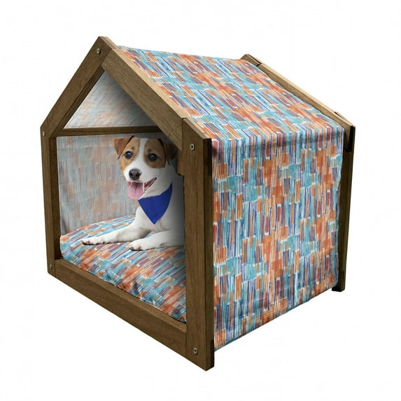 Abstract Pet House, Vertical Stripes in Colorful Design Grunge Brush Stroke Arrangement Hand Drawn, Outdoor & Indoor Portable Dog Kennel with Pillow and Cover, 5 Sizes, Multicolor, by Ambesonne