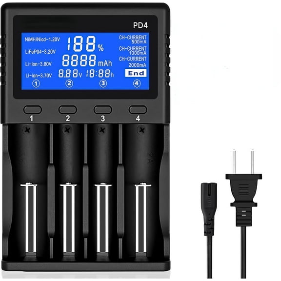 18650 Battery Charger, 4-Bay Universal Battery Charger with Smart LCD Display Fast Charge for Rechargeable Batteries Li-ion Ni-MH/Cd LiFePO4 21700 26650 18650 16340 10440 AA AAA