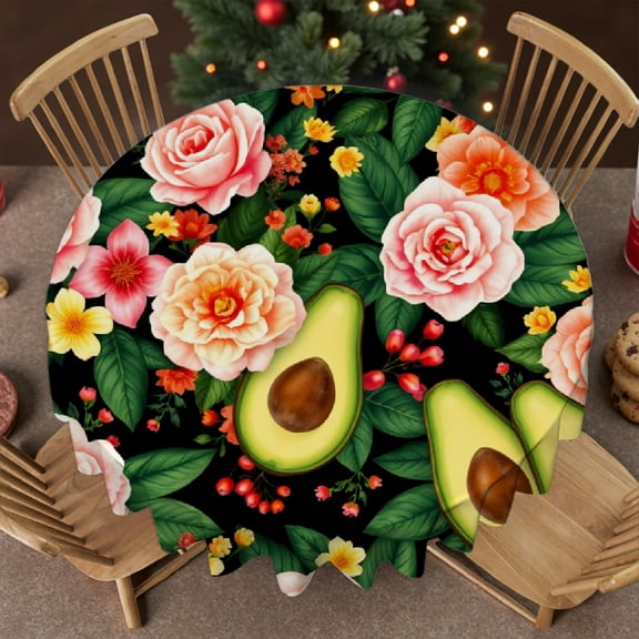 RKSupls 60 Inch Round Tablecloth, Avocado Rose Floral Polyester Table Cover - Soft, Stain Resistant & Washable Decor for Wedding, Party, Holiday, Home Dining