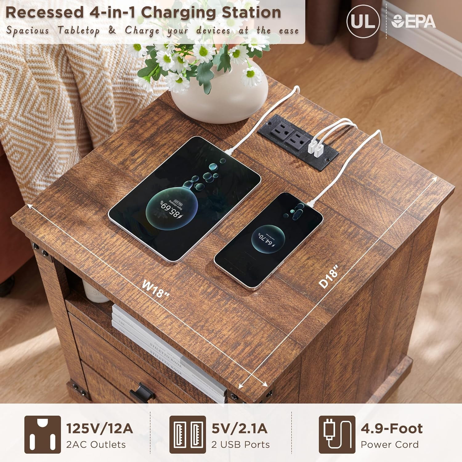 OKD Farmhouse 18" Nightstand with Charging Station, Rustic Metal Wood End Tables with Adjustable Shelves, Side Tables，Reclaimed Barnwood
