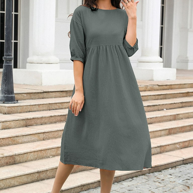 Busydd Womens Fall Dresses 1/2 Sleeve Round Neck Midi Dress Fashion Elegant  Solid Color Homecoming Dresses Casual Flowy Cotton Linen Cocktail Dress -  Walmart.com